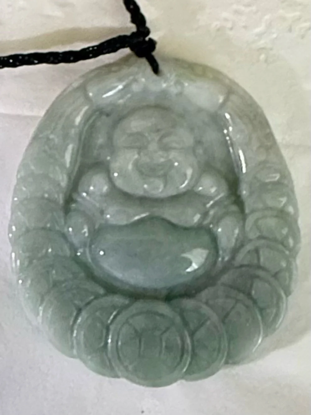 Carved Jade Laughing Buddha Pendant - Pale Green